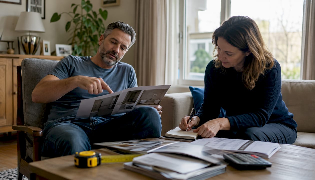 Couple reviewing wet room cost estimates