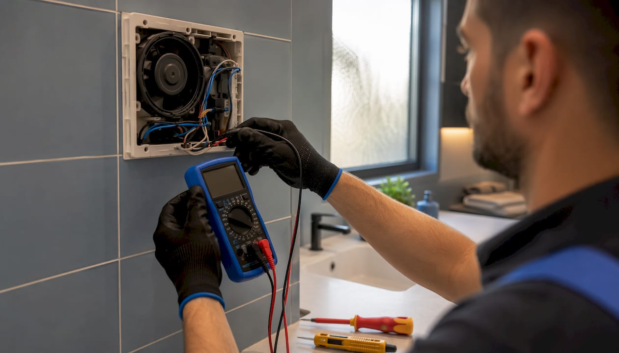 Hands testing extractor fan wiring with multimeter