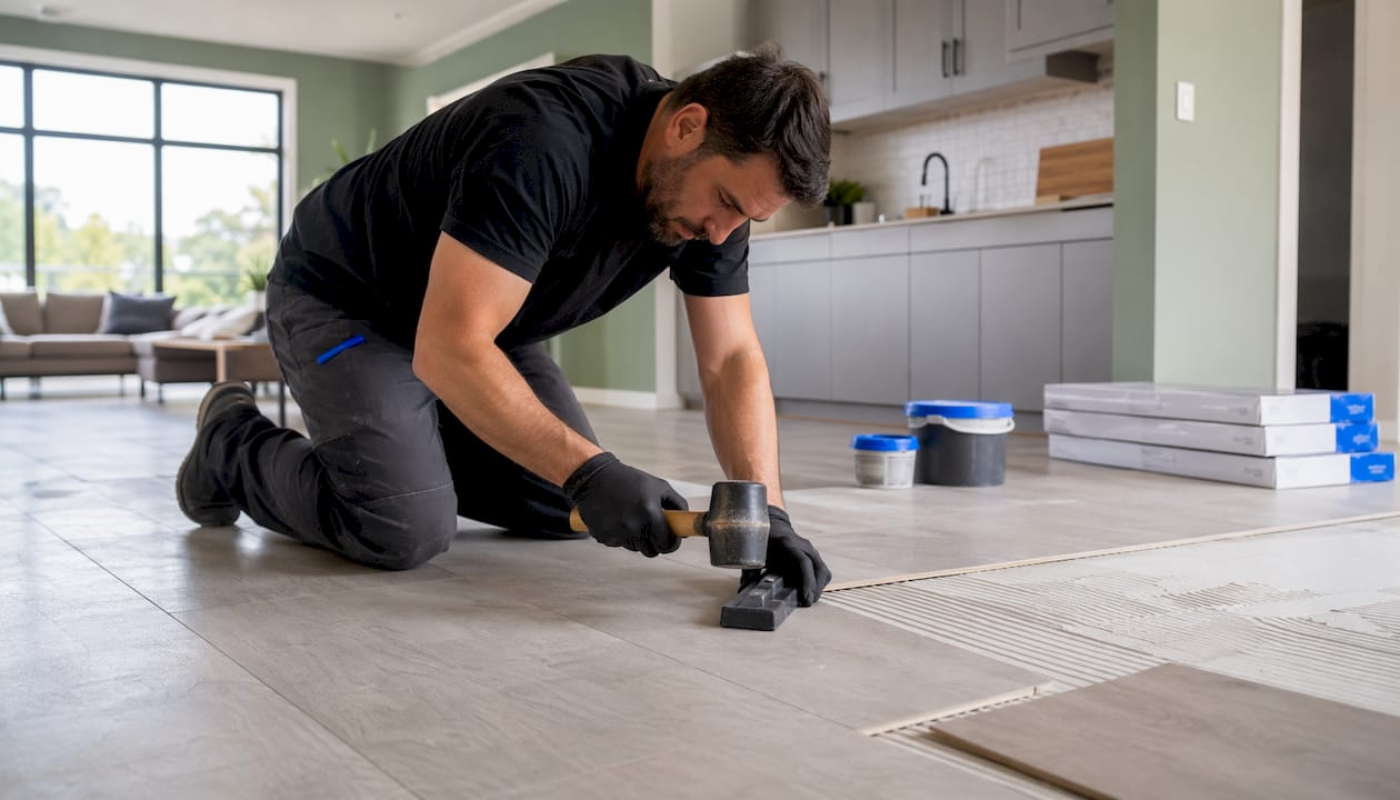 Installer hands fitting textured LVT bathroom floor
