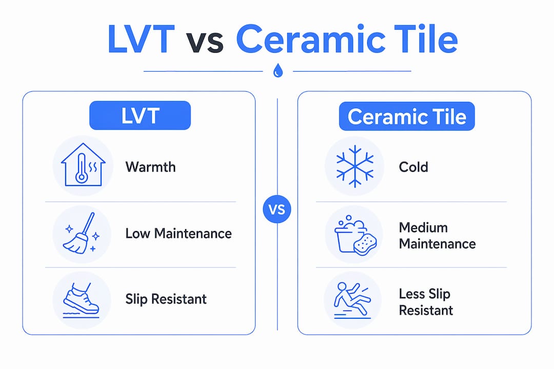 Infographic comparing LVT and ceramic tile bathroom floors