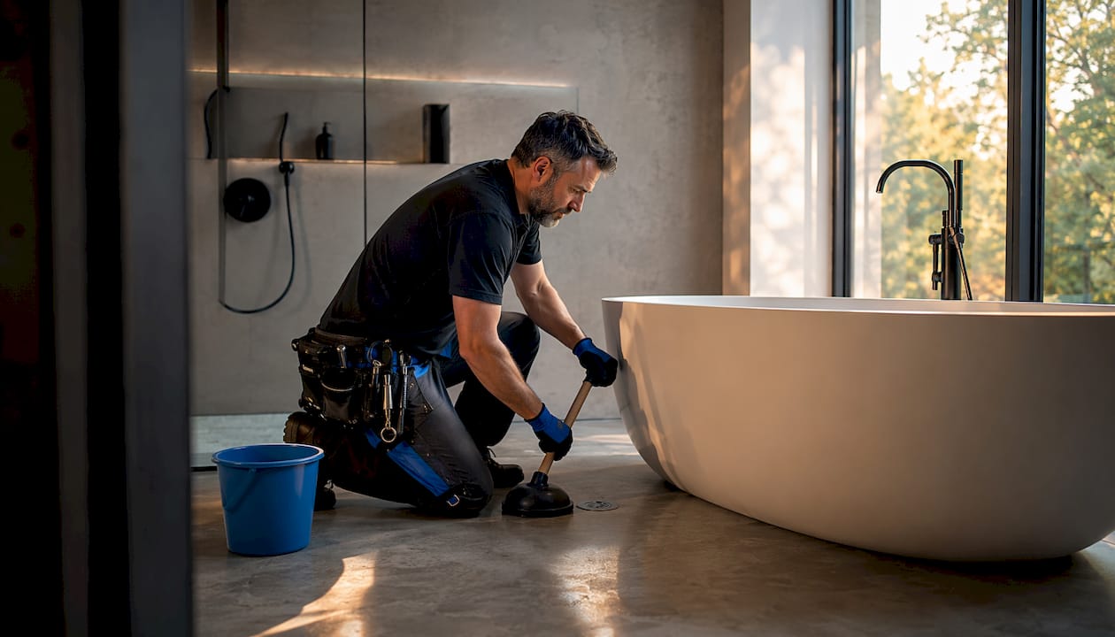 Homeowner plunging slow draining bath drain