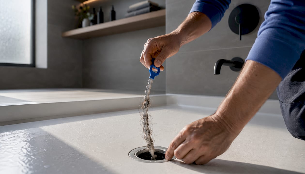 Hands removing hair clog from bath drain