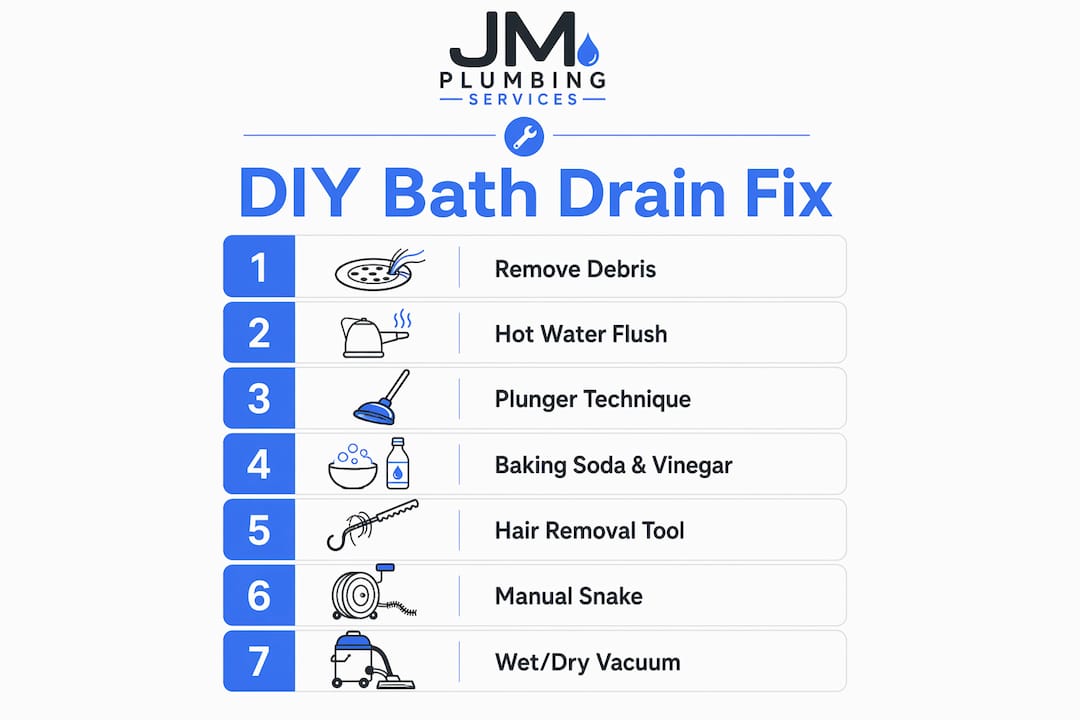 Infographic illustrating step-by-step bath drain unclogging methods