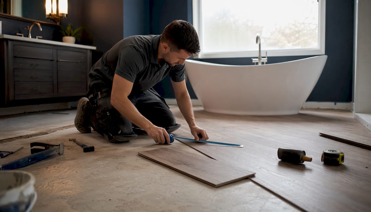 Close-up of hands installing wood-look vinyl flooring