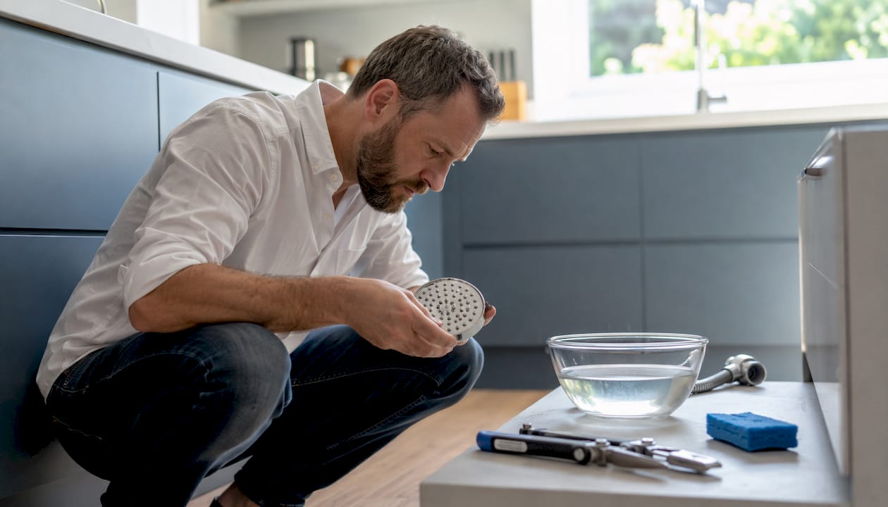 Man inspecting shower head in bathroom