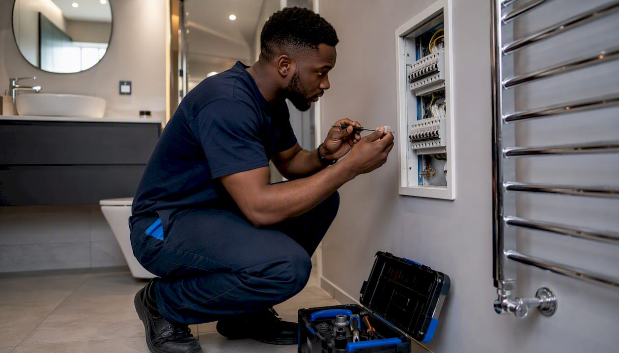 Young man inspecting fuse box near electric towel rail