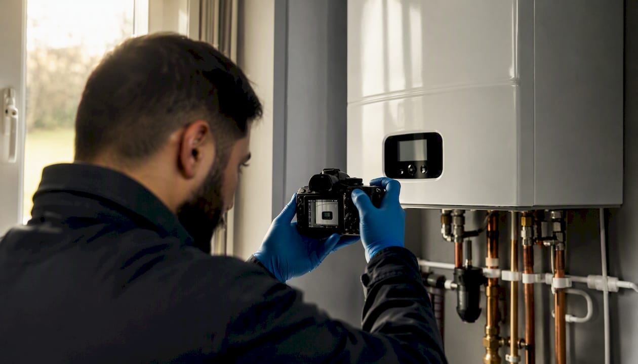 Plumber photographing boiler error code display