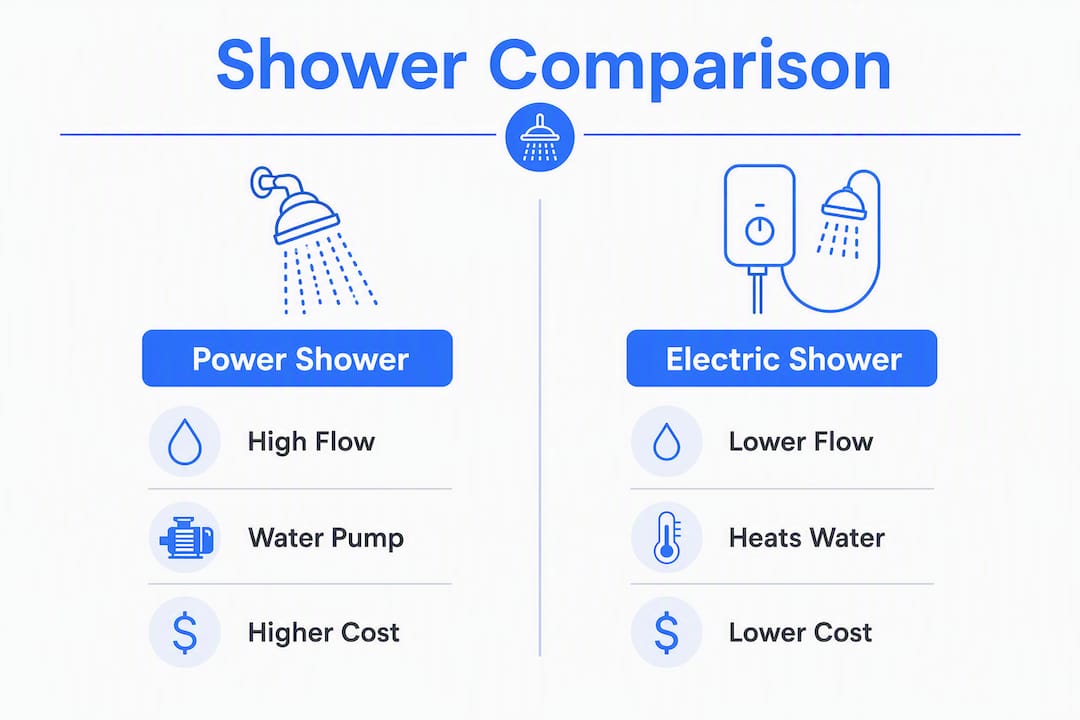 Infographic comparing power shower and electric shower