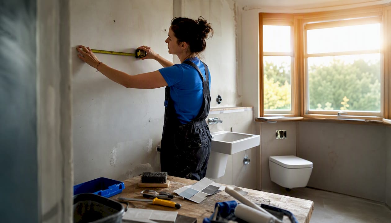 Tradesperson measuring space in mid-range en suite bathroom renovation
