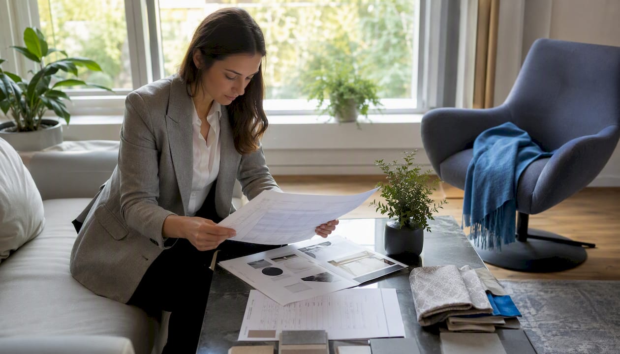 Designer reviewing en suite bathroom budget details