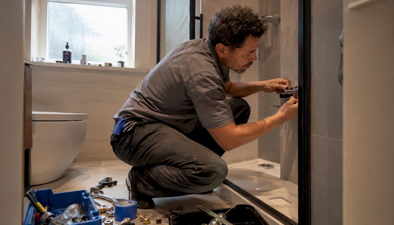 Plumber installing en suite bathroom in Cardiff home