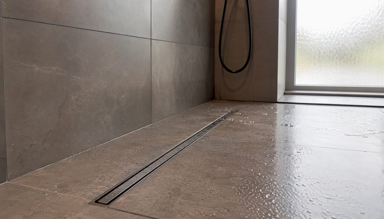 Wet room shower floor with linear drain