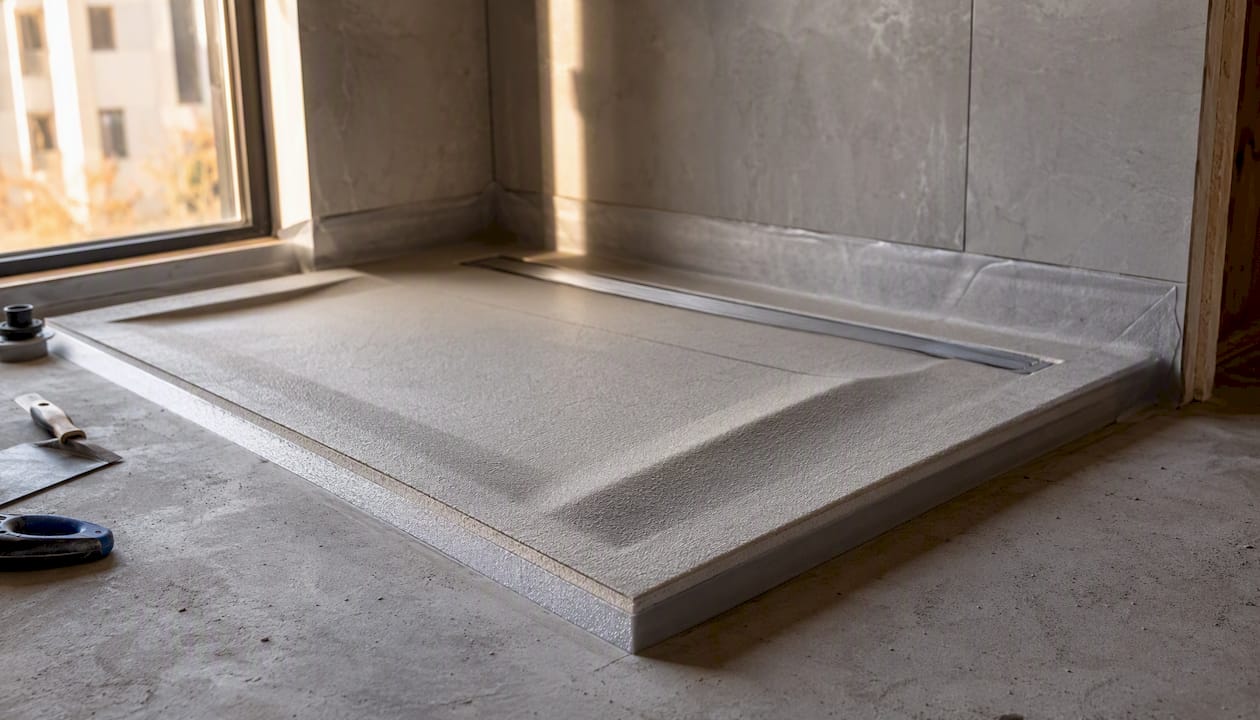 Preformed shower former on timber floor