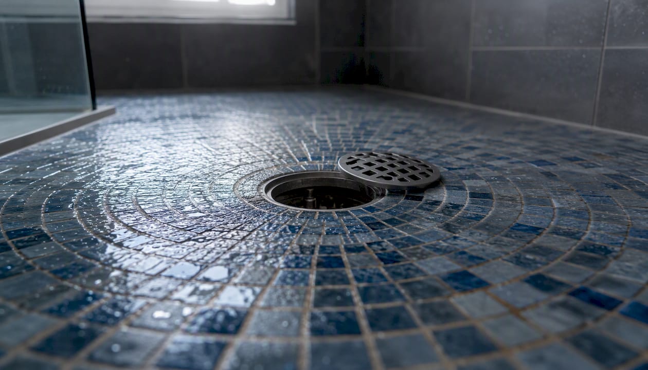 Central point drain in mosaic tiled wet room floor