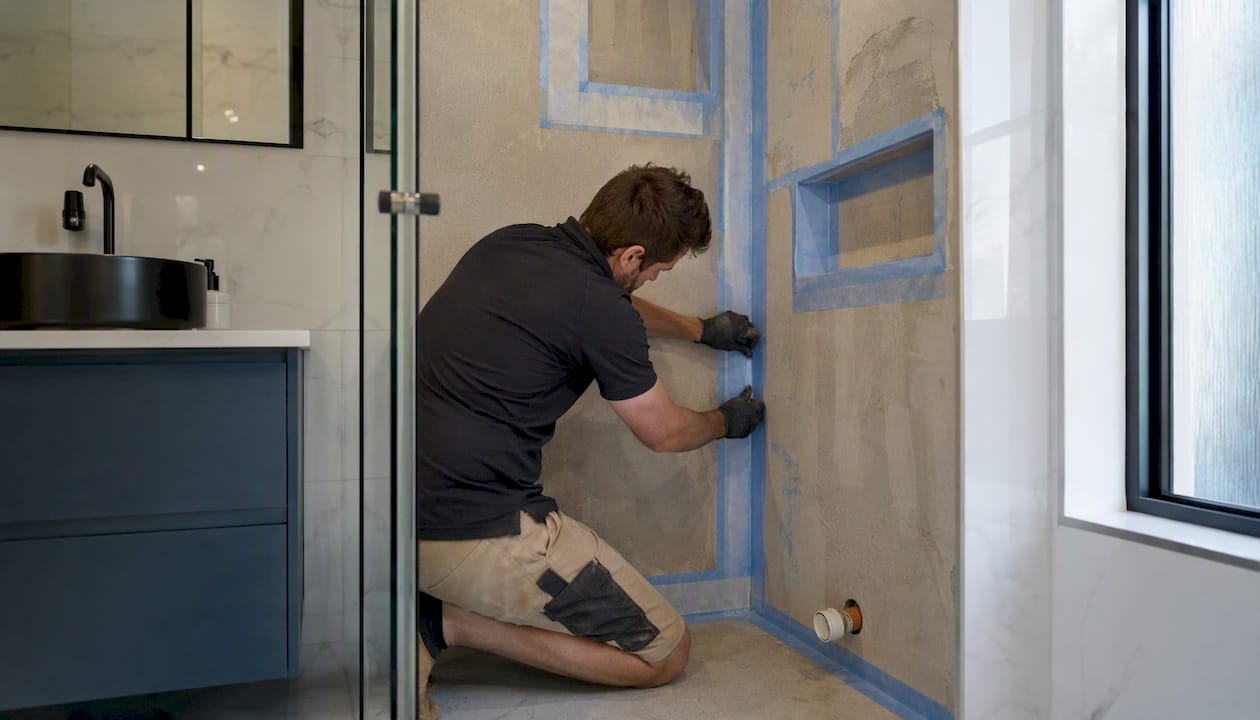 Hands applying waterproofing tape to shower corners