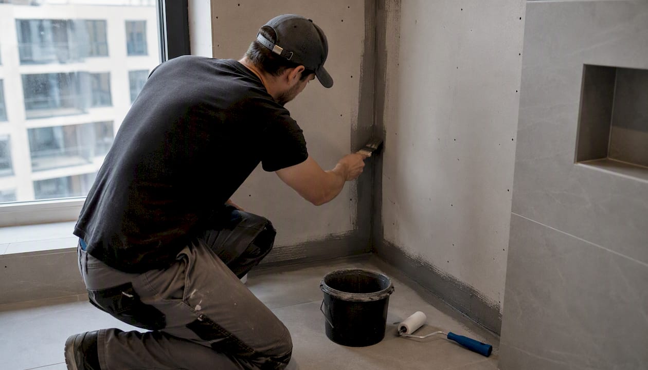 Hands applying liquid waterproof membrane to shower walls