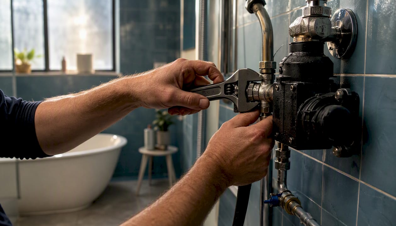 Hands adjusting shower pump valve