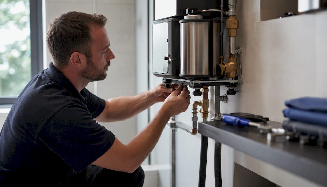 Plumber fitting anti-vibration feet under shower pump
