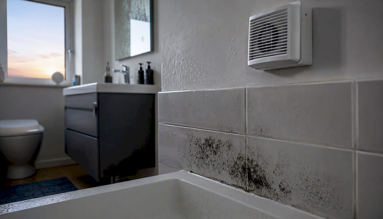 Bathroom corner with mouldy silicone sealant and extractor fan