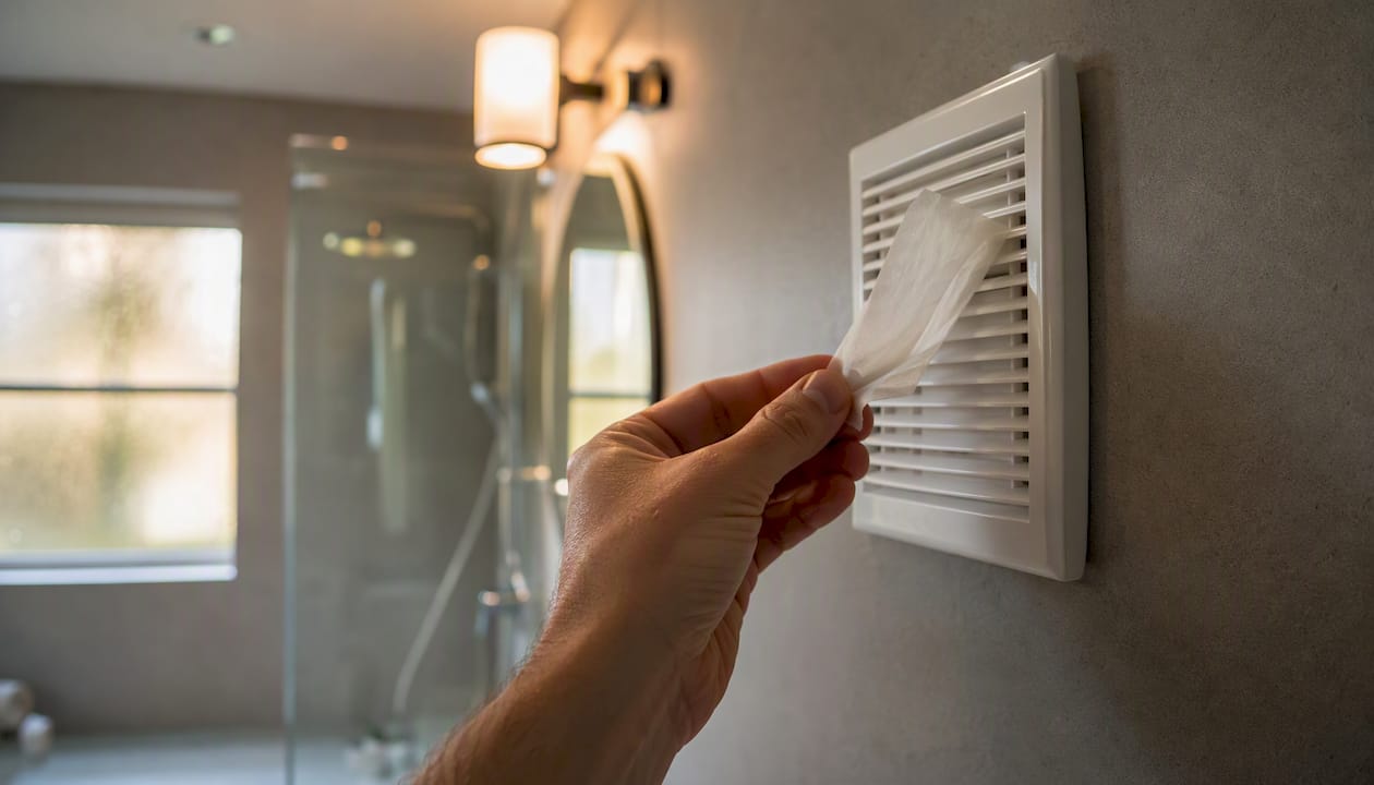 Hand holding tissue on extractor fan grille