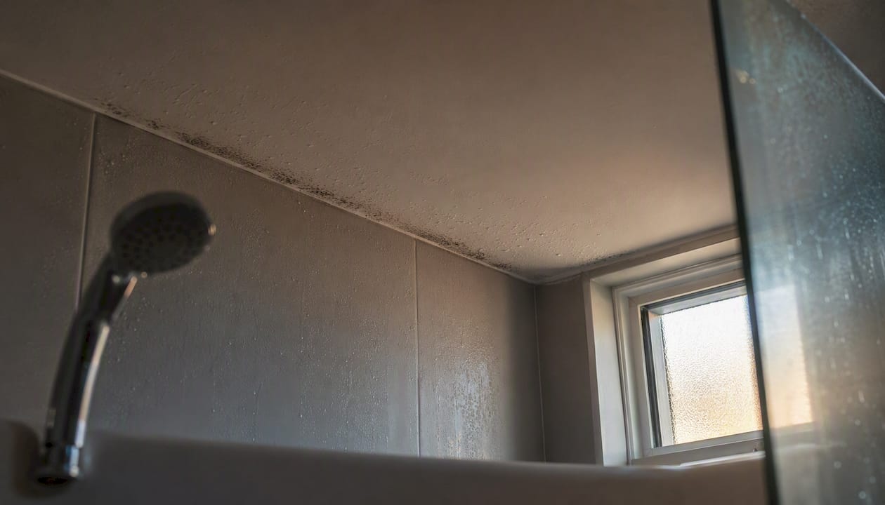 Bathroom ceiling condensation with mould patches