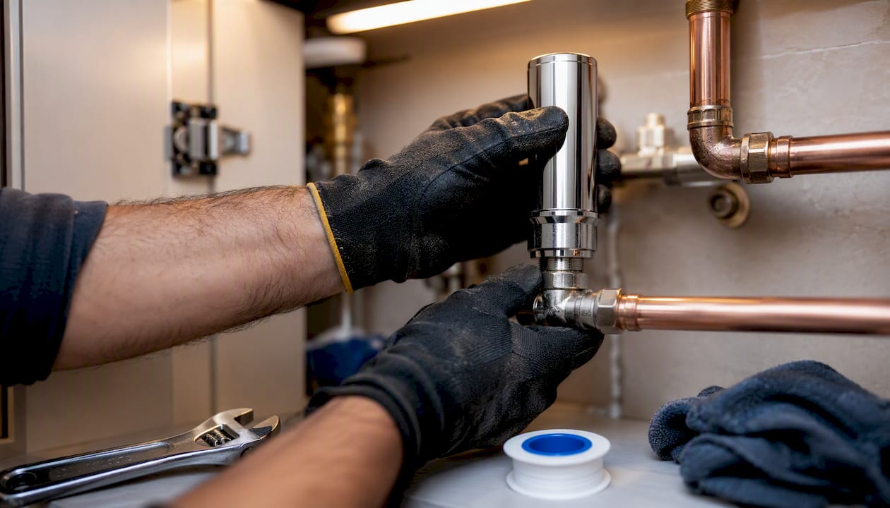 Hands installing water hammer arrestor device