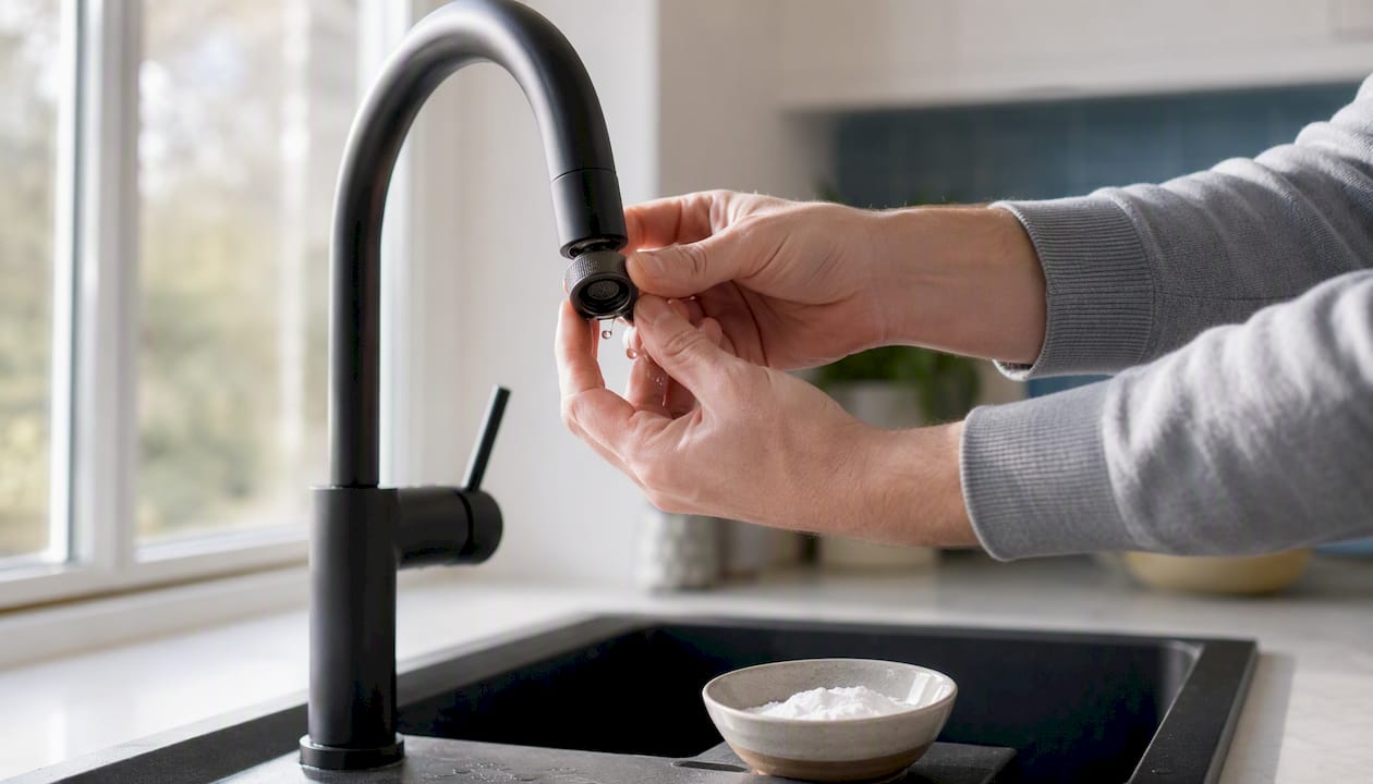Hands removing faucet aerator to clean