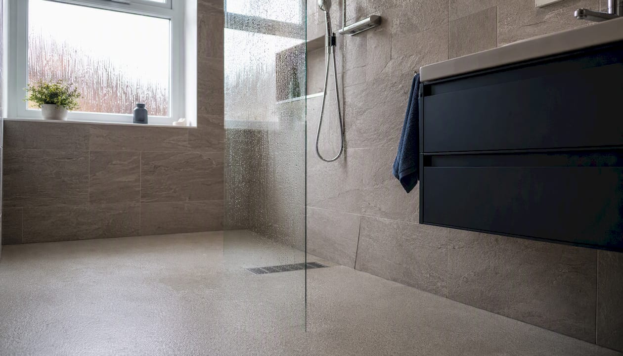 Small accessible wet room bathroom interior