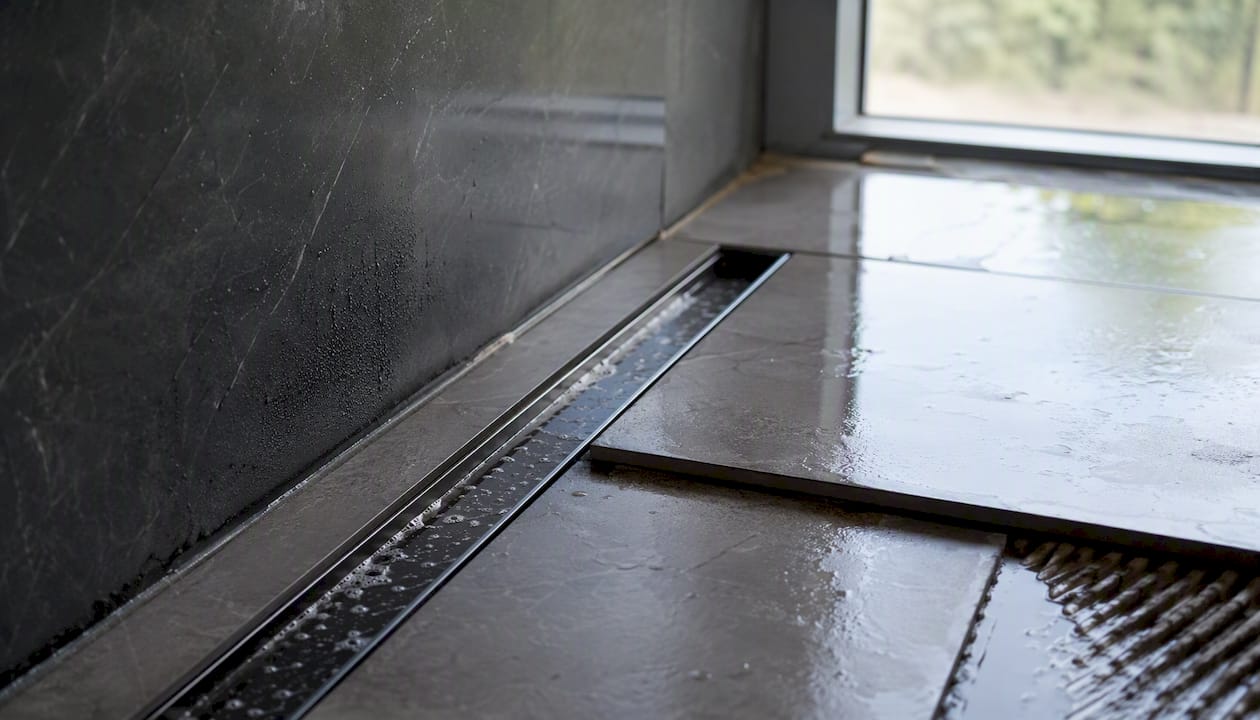 Close-up of tile-in linear drain installation