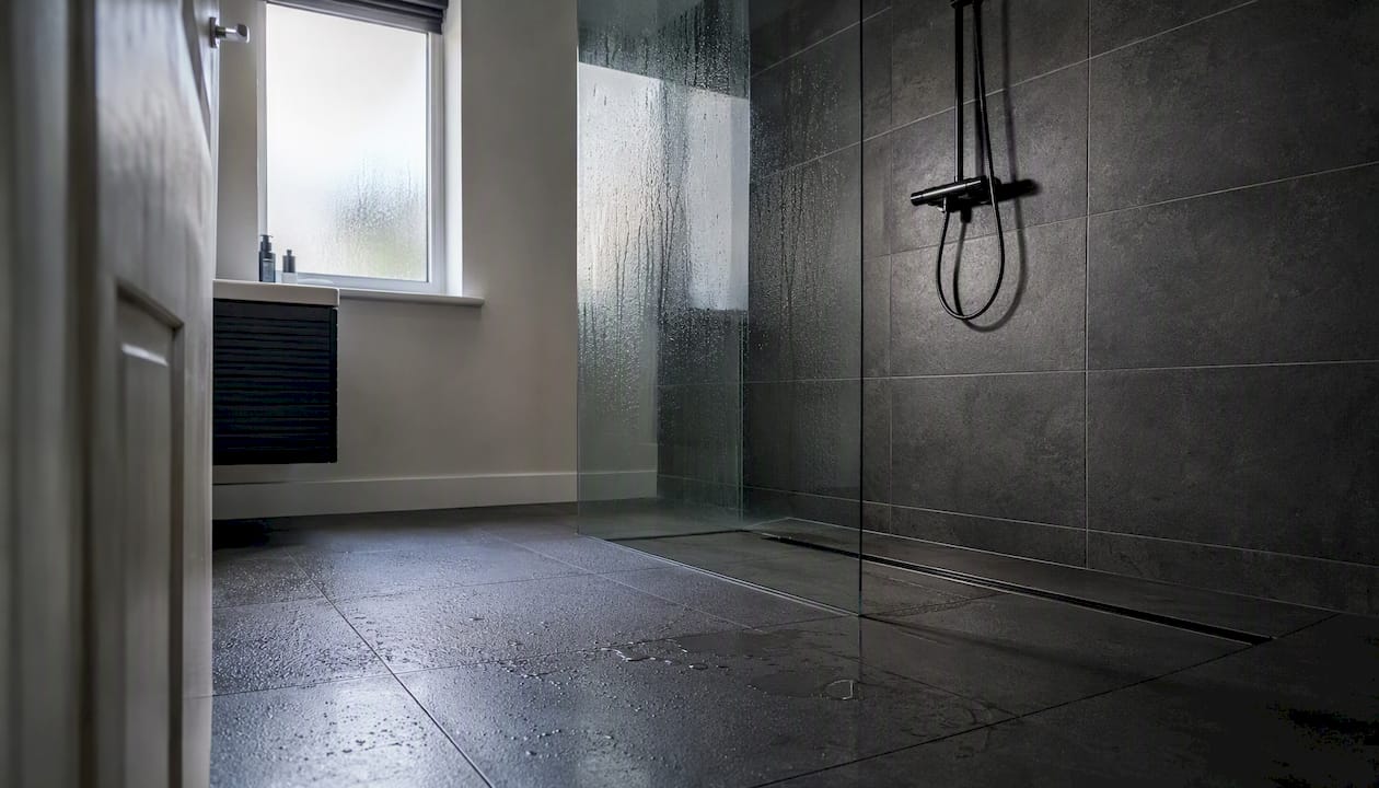 Modern UK walk-in shower with glass panel and linear drain
