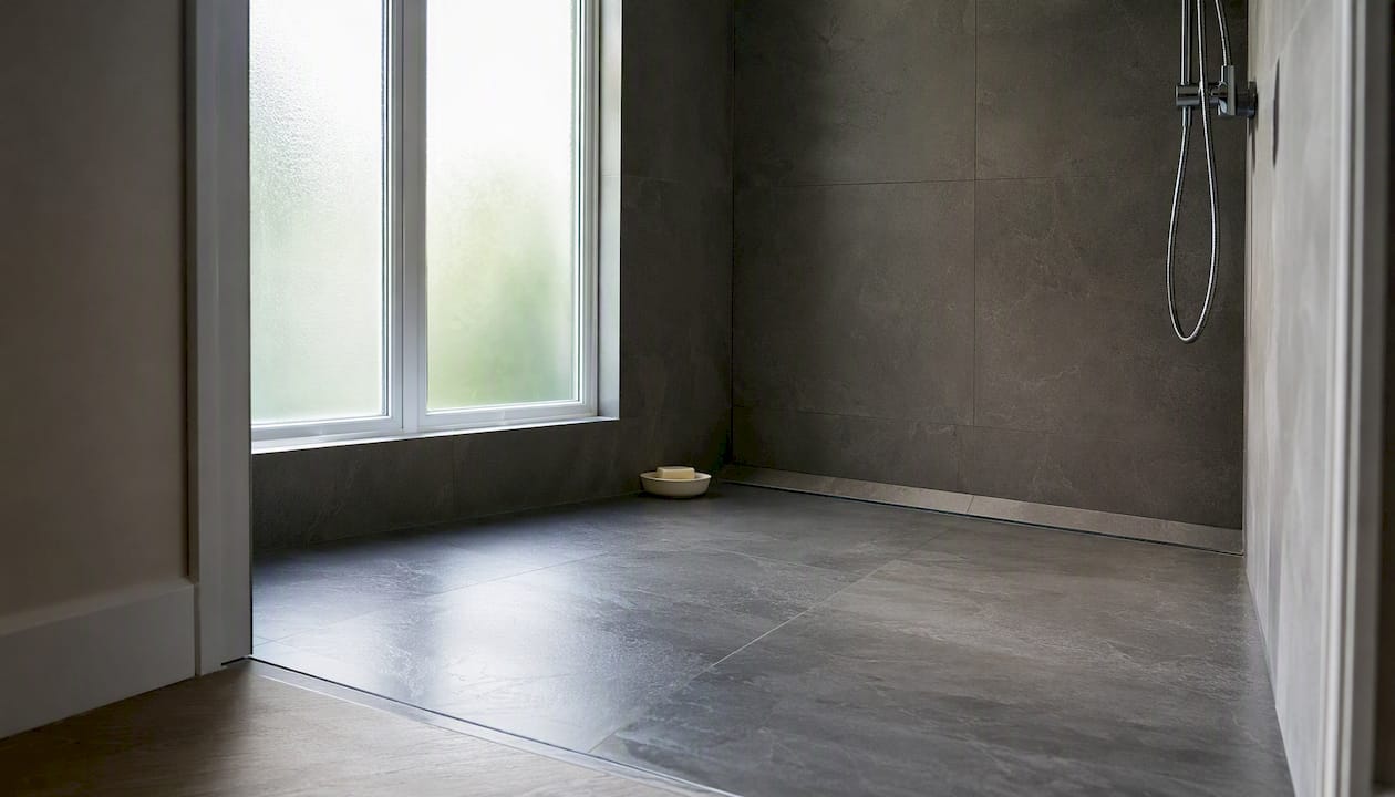 Curbless wet room with linear drain floor