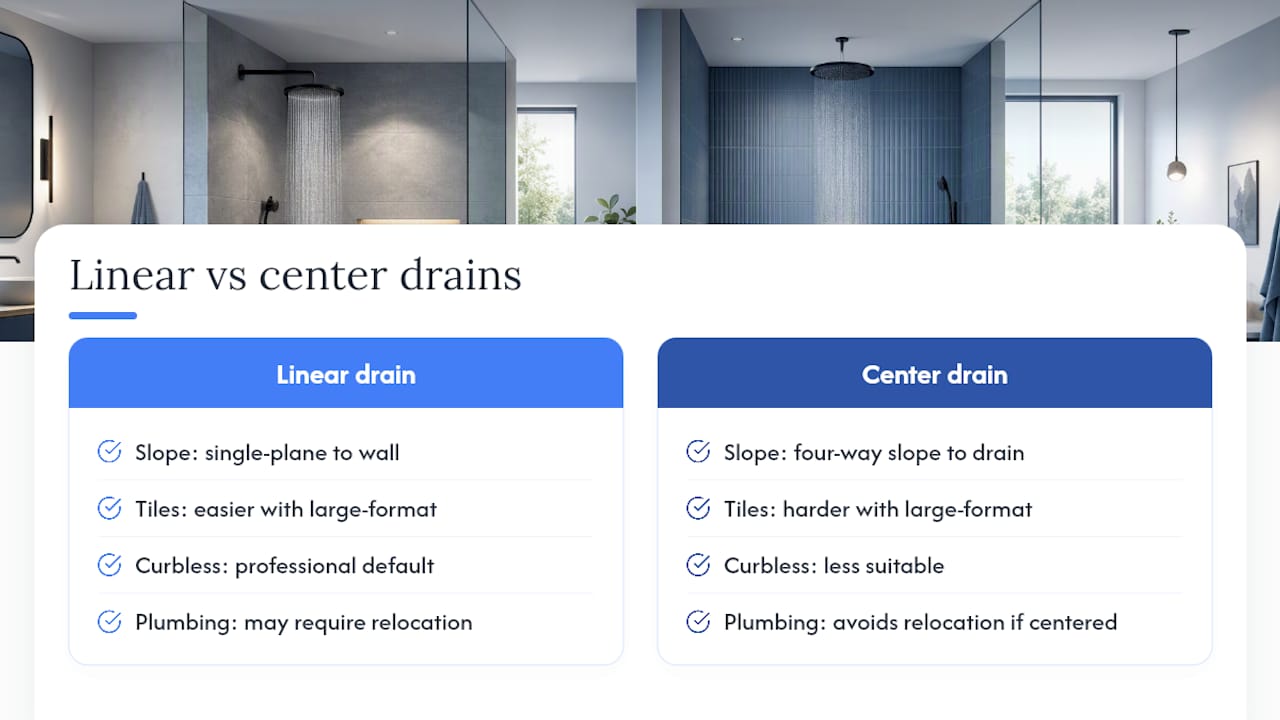 Comparison diagram of linear drain vs center drain layouts