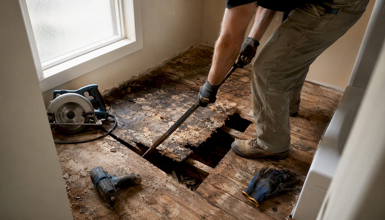 Hands cutting damaged bathroom subfloor panel