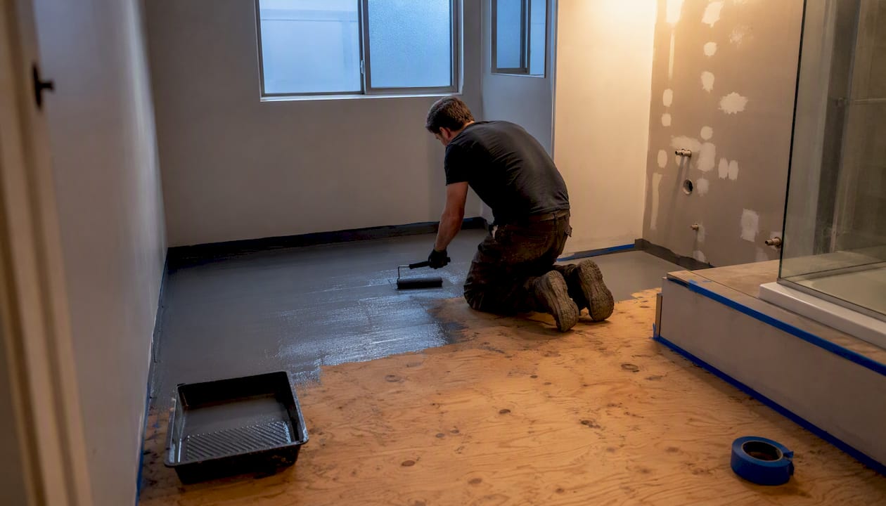 Applying liquid waterproof membrane to bathroom subfloor