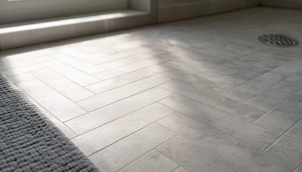 Close-up of herringbone bathroom floor tiles