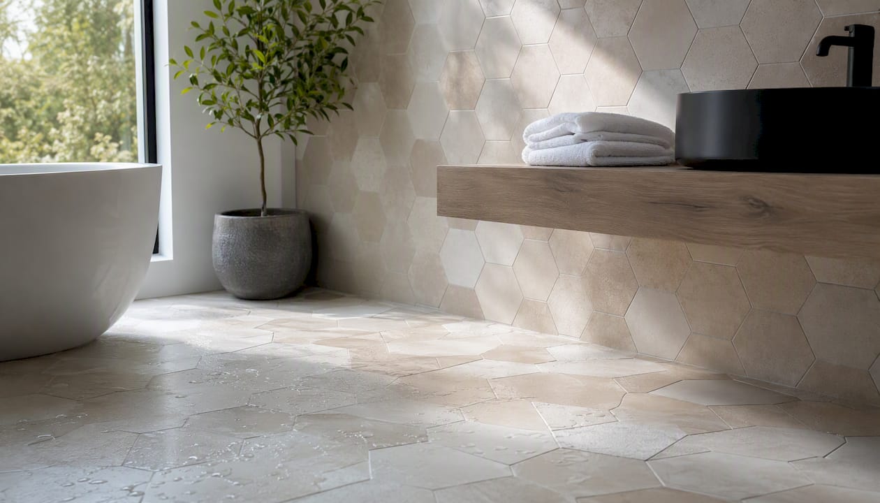 Contemporary UK bathroom with geometric tile pattern
