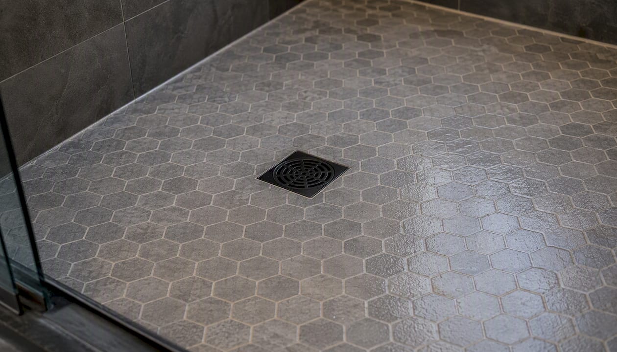 Small hexagonal mosaic tiles on shower floor