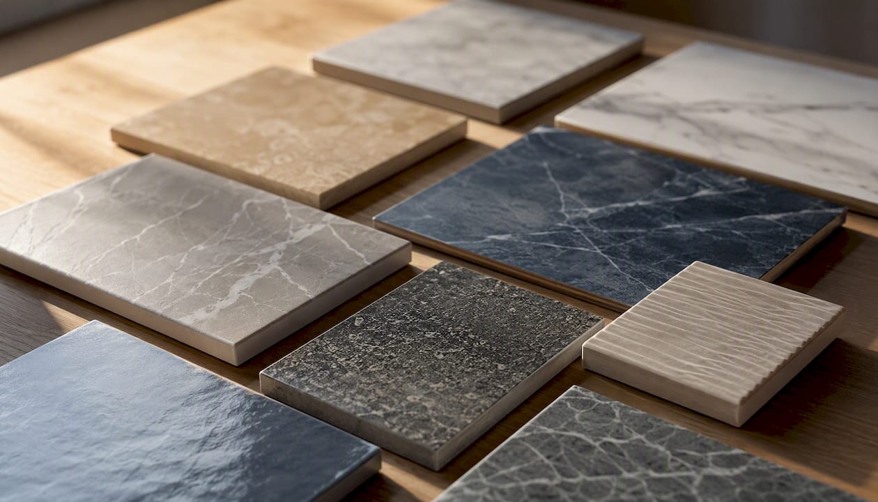 Variety of bathroom tile samples close-up