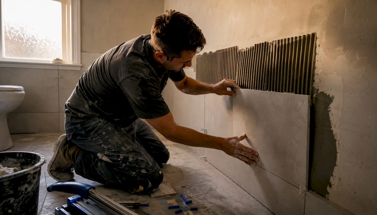 Tiler fitting ceramic tile on bathroom wall