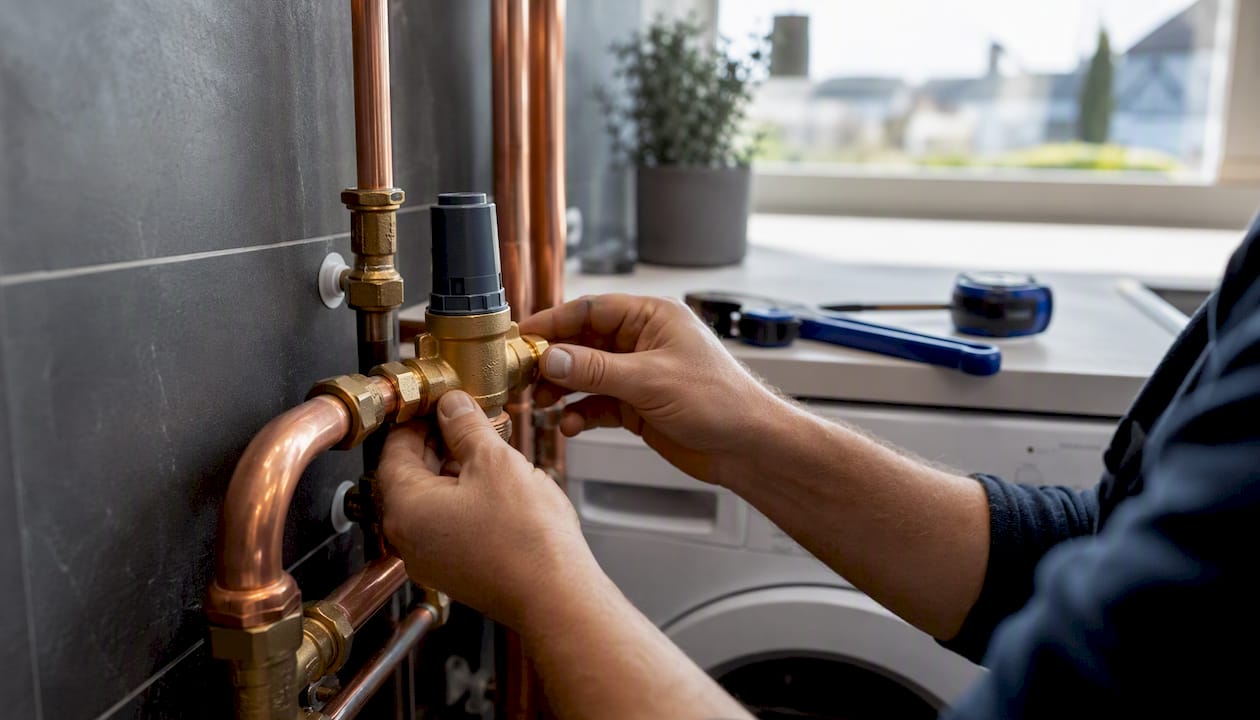 Hands installing pressure reducing valve on pipes