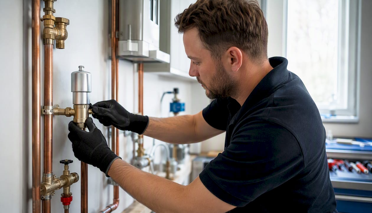 Plumber fitting water hammer arrestor on pipes