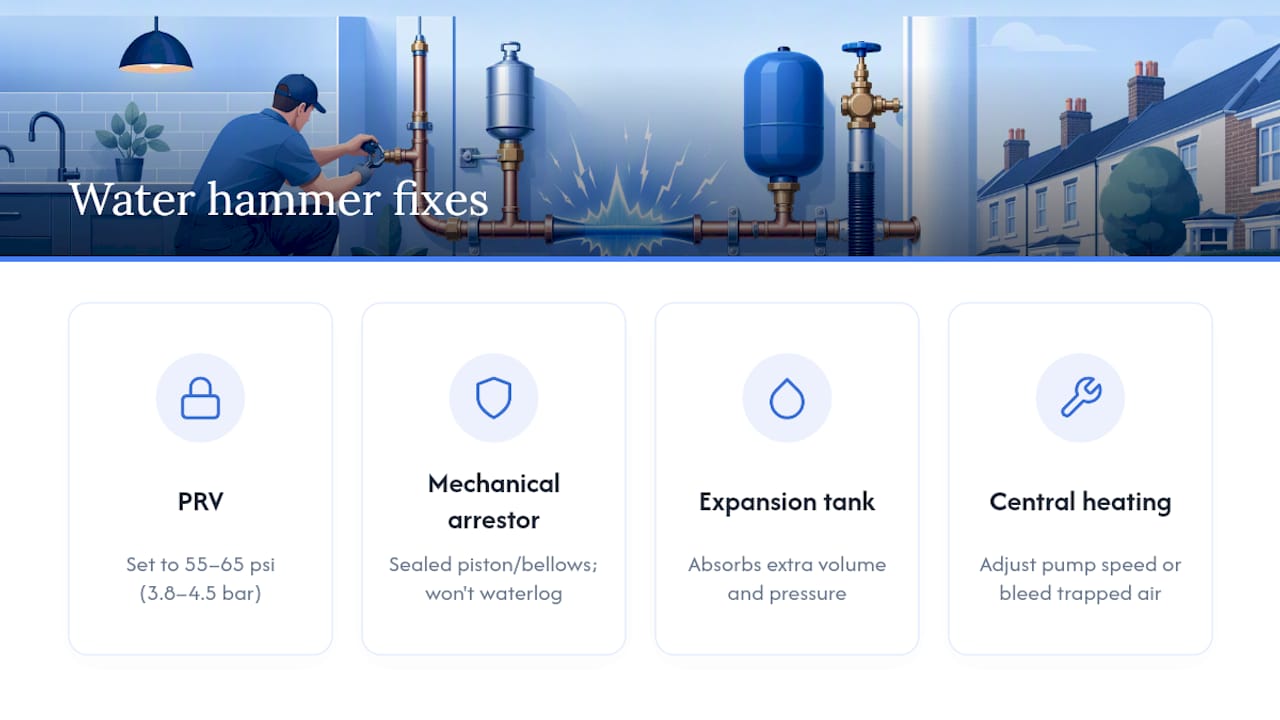 Diagram comparing water hammer fix methods