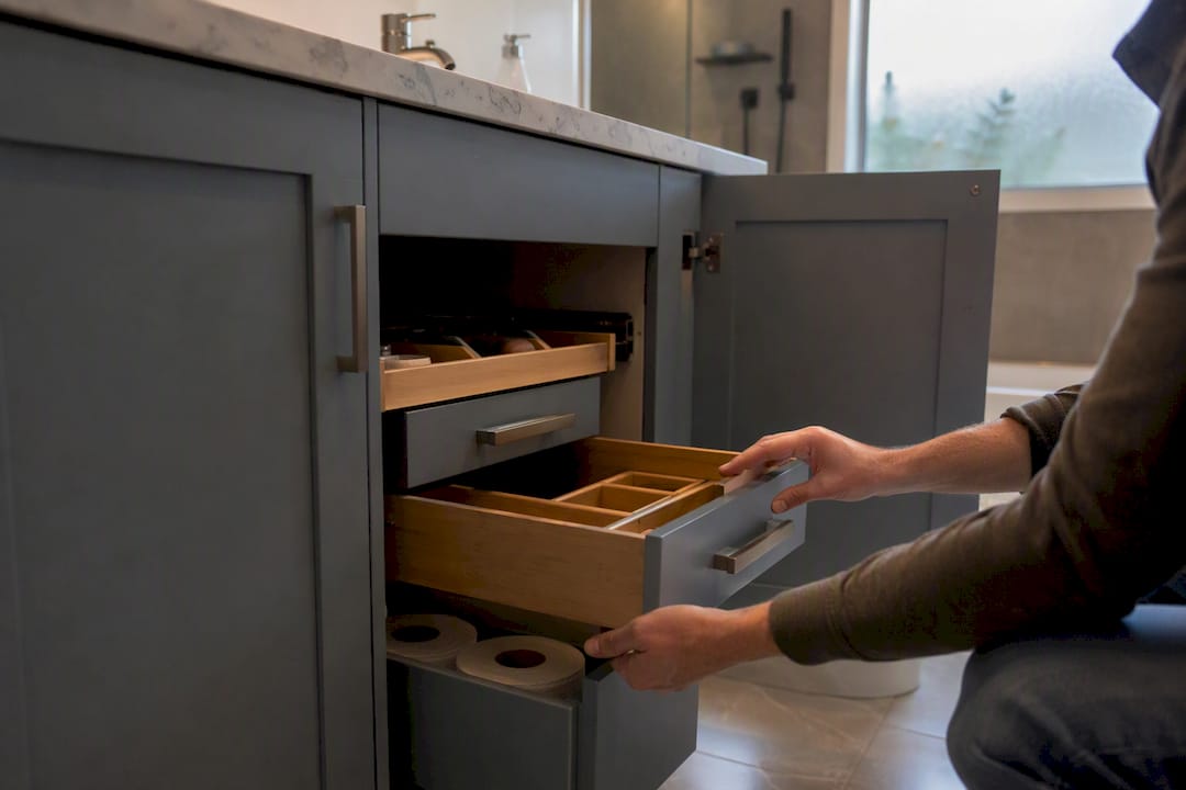 Open vanity cabinet showing storage layout