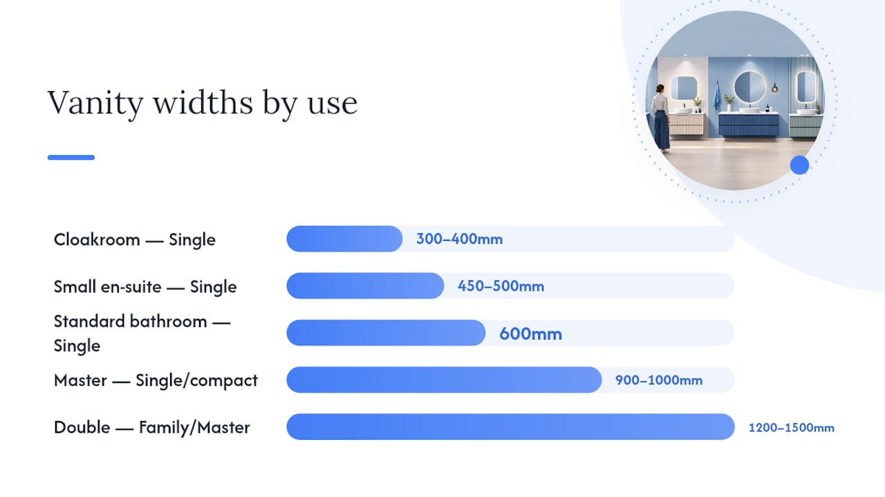 Diagram of UK vanity widths with basin types and applications