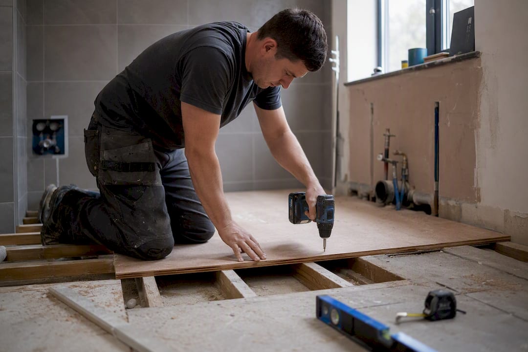 Hands fitting WBP plywood subfloor in bathroom