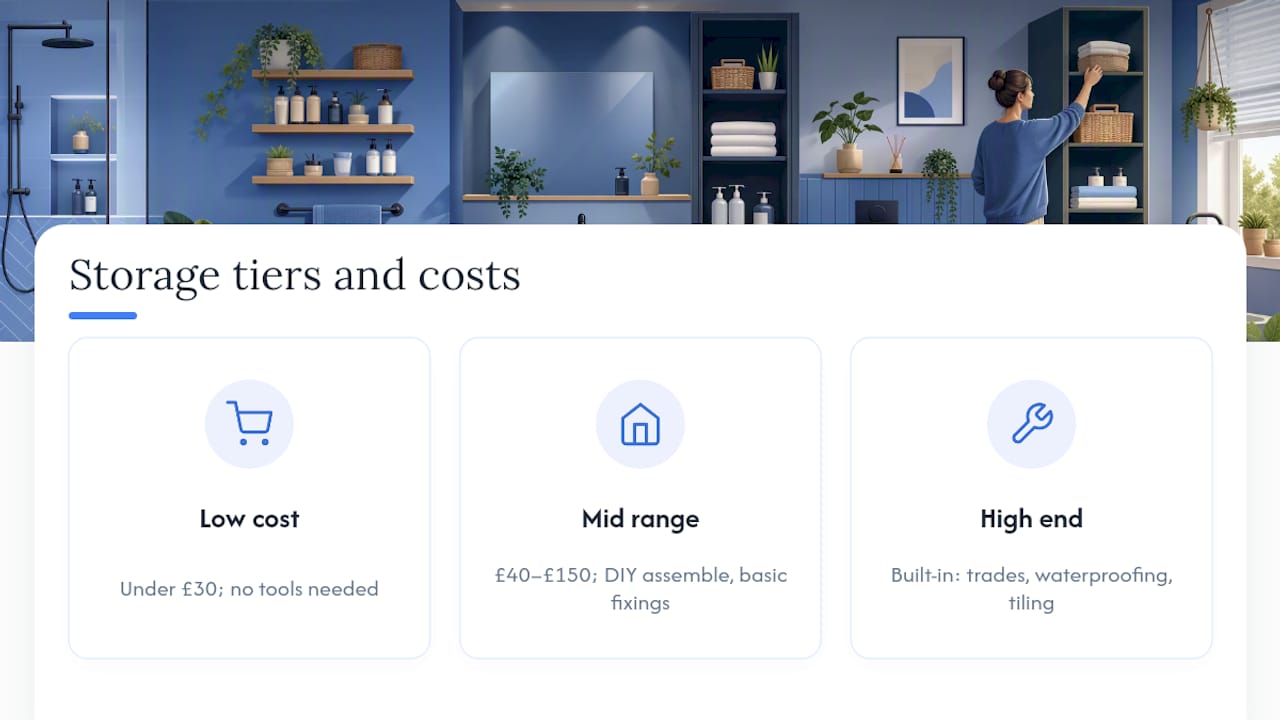 Diagram of bathroom storage budget tiers and options