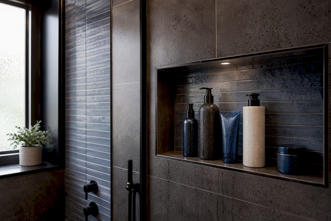 Recessed shower niche with toiletries