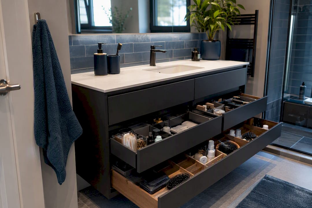 Family bathroom vanity drawers open and organized