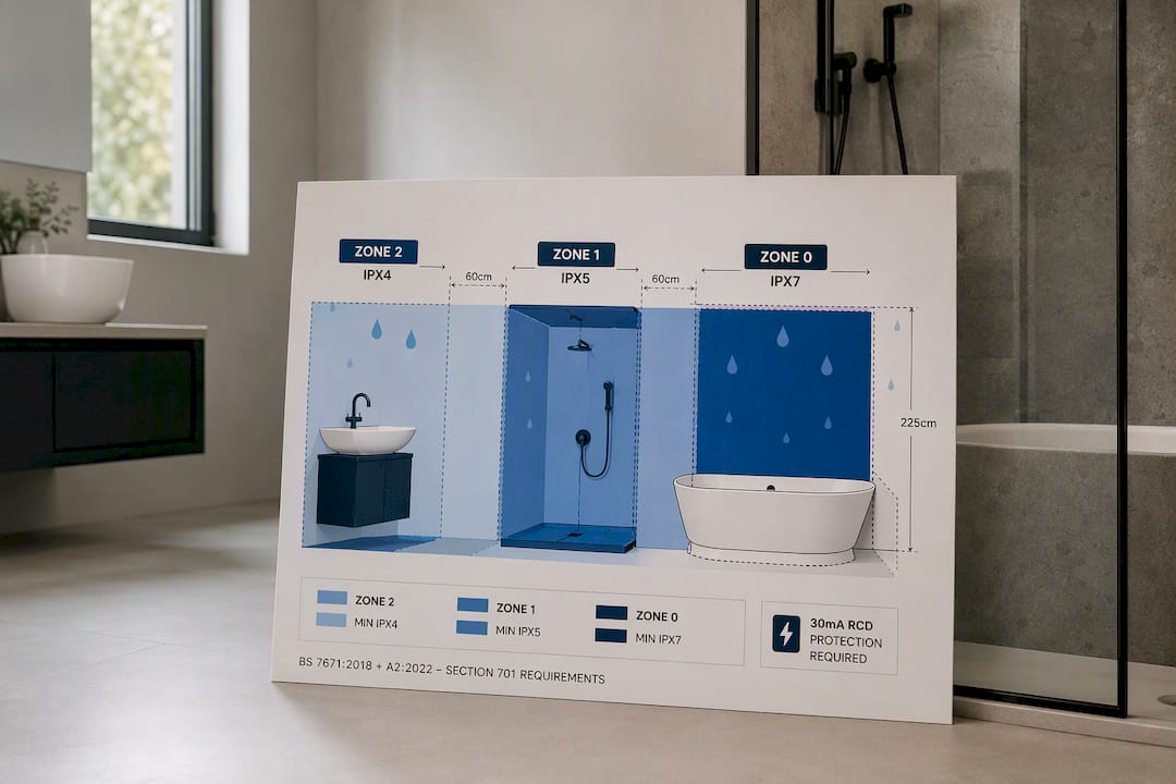 Diagram of bathroom zones and required IP ratings