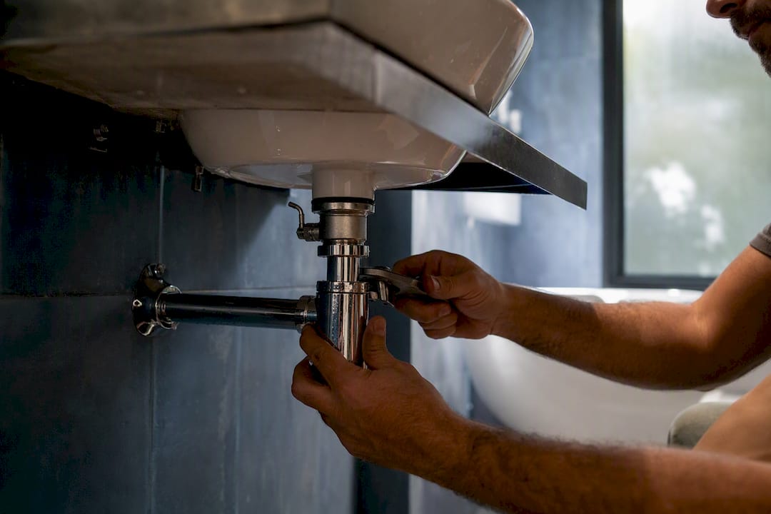 Plumber adjusting bottle trap swivel outlet under basin
